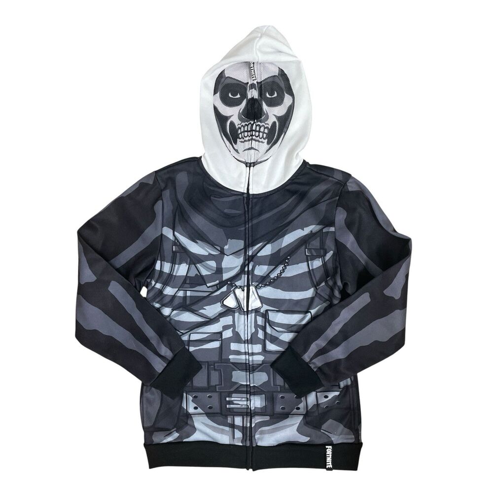 Fortnite Skull Trooper Boys Cosplay Full Zip Hoodie with Mesh Face Mask Size L